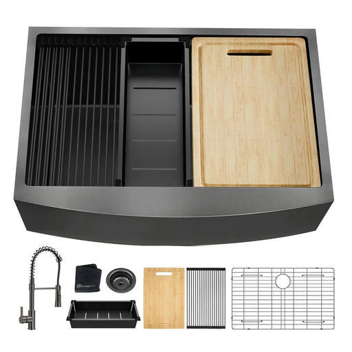 33x22 Inch Farmhouse Workstation Gunmetal Black All In One Kitchen Sink 18 Gauge Stainless Steel Single Bowl Sink With Faucet Default -DTYStore