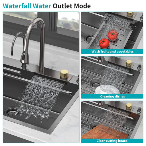 33x22 Inch Gunmetal Black Drop in Waterfall Kitchen Sink with Pull-Out Faucet & Cup Washer, 16 Gauge Stainless Steel Default -DTYStore