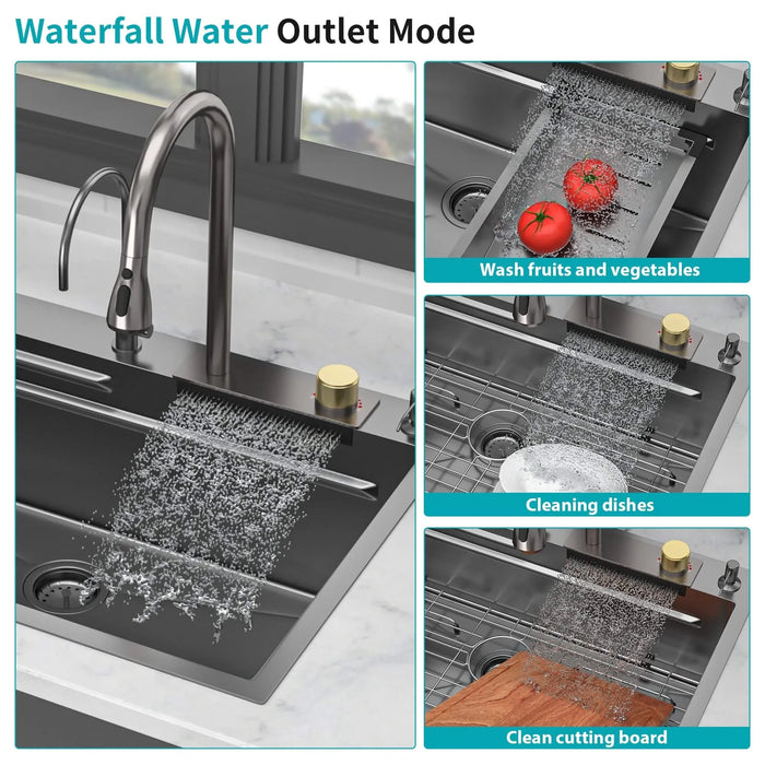 33x22 Inch Gunmetal Black Drop in Waterfall Kitchen Sink with Pull-Out Faucet & Cup Washer, 16 Gauge Stainless Steel Default -DTYStore