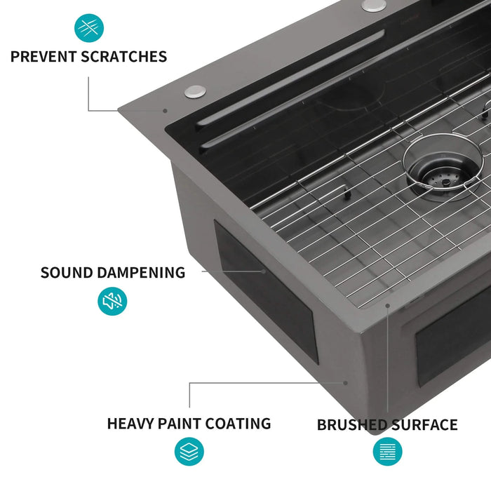 33x22 Inch Gunmetal Black Drop in Waterfall Kitchen Sink with Pull-Out Faucet & Cup Washer, 16 Gauge Stainless Steel Default -DTYStore