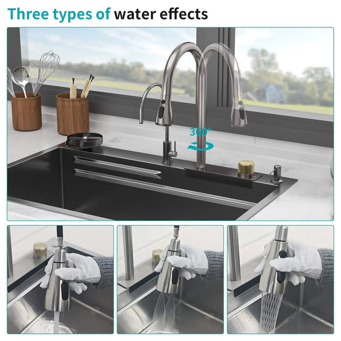 33x22 Inch Gunmetal Black Drop in Waterfall Kitchen Sink with Pull-Out Faucet & Cup Washer, 16 Gauge Stainless Steel Default -DTYStore