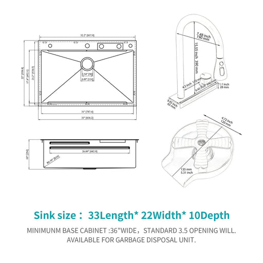33x22 Inch Gunmetal Black Drop in Waterfall Kitchen Sink with Pull-Out Faucet & Cup Washer, 16 Gauge Stainless Steel Default -DTYStore