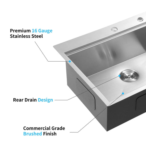 33x22x10'Drop-in Single Bowl Stainless Steel Kitchen Sink with Workstation Default -DTYStore