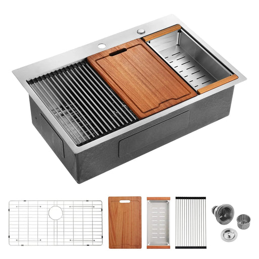 33x22x10'Drop-in Single Bowl Stainless Steel Kitchen Sink with Workstation Default -DTYStore
