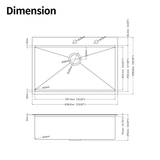 33x22x10'Drop-in Single Bowl Stainless Steel Kitchen Sink with Workstation Default -DTYStore