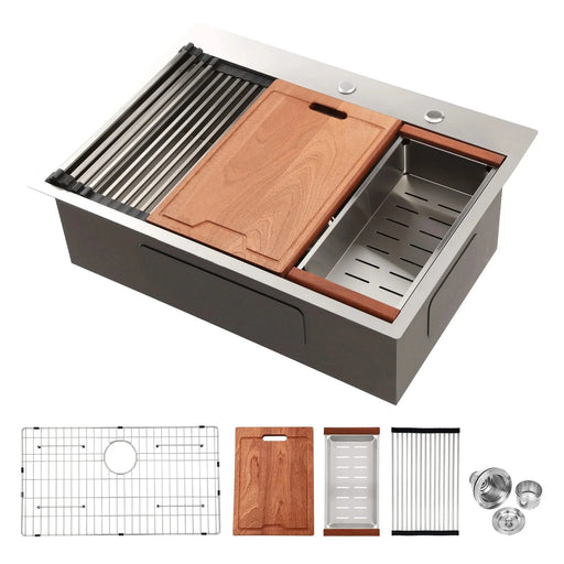 33x22x10'Drop-in Single Bowl Stainless Steel Kitchen Sink with Workstation Default -DTYStore