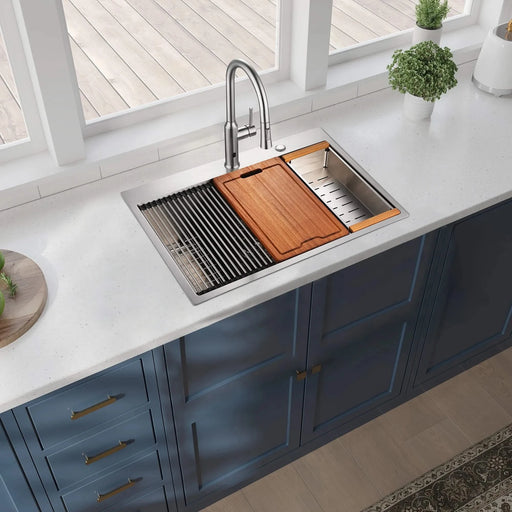 33x22x10'Drop-in Single Bowl Stainless Steel Kitchen Sink with Workstation Default -DTYStore