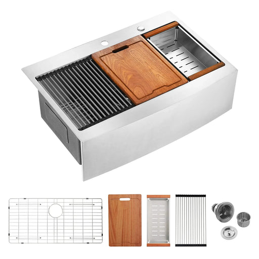 33x22x10'Farmhouse Apron Single Bowl Stainless Steel Kitchen Sink with Workstation Default -DTYStore