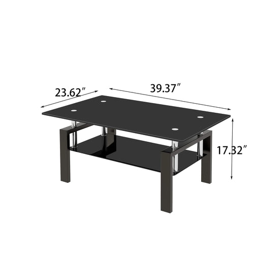 Modern Tempered Black Glass Coffee Table with 2-Layers and Waterfall Edges for Living Room - Image 3