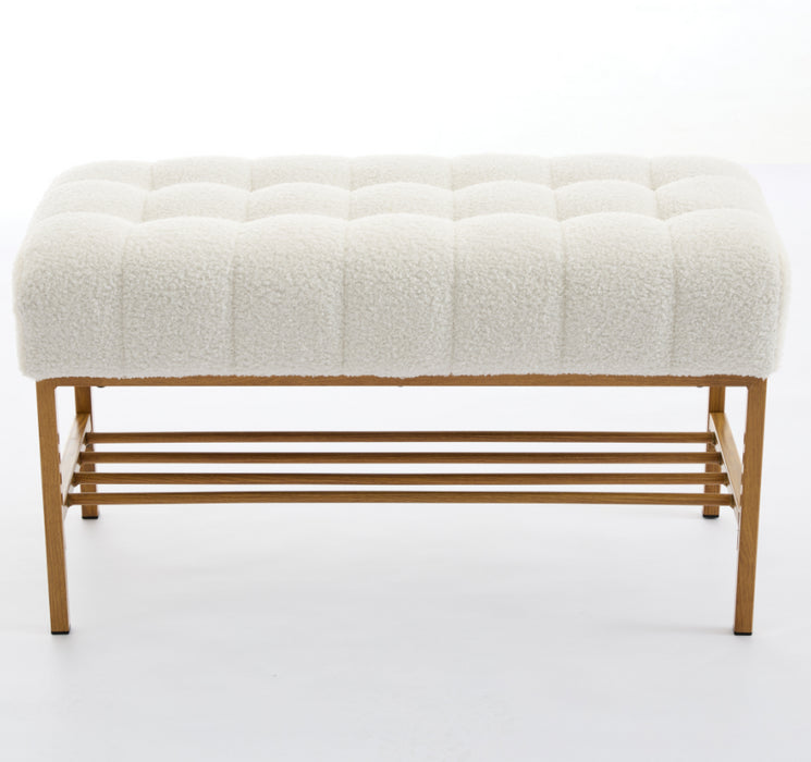 End of Bed Bench with Shelf, Teddy fabric Upholstered Storage Shoe Bench, Modern Bedroom Bench with Metal Legs for Living Room, Entryway, Dining Room, 300 LB, Linen Color(White)