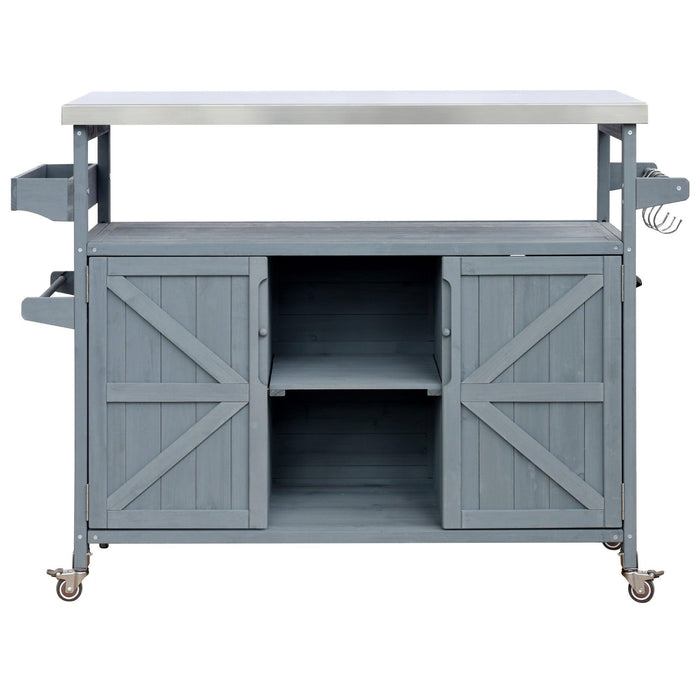 Outdoor Kitchen Island, Rolling Bar Cart & Storage Cabinet, Farmhouse Solid Wood Outdoor Grill Table with Stainless Steel Top, Spice Rack , Towel Rack for Kitchen & BBQ , Grey Blue - DTYStore