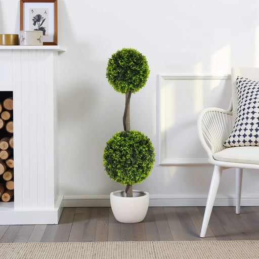 34' Artificial Topiary Boxwood Tree Double Ball with Pot, Set of 2 Default -DTYStore
