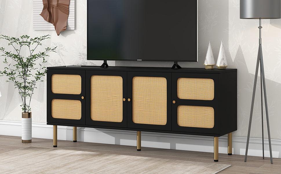 Boho style TV Stand with Rattan Door, Woven Media Console Table for TVs Up to 70'', Country Style Design Side Board with Gold Metal Base for Living Room, Black. - DTYStore