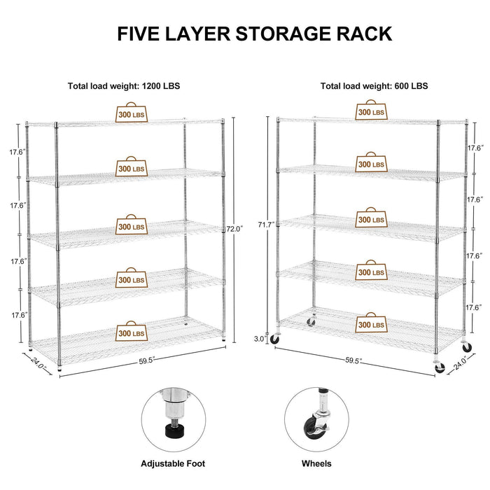 5-Layer Heavy-Duty Adjustable Shelves with Wheels and Adjustable Feet, 300 lbs Capacity