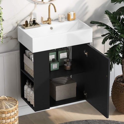 Modern Floating Bathroom Vanity with Ceramic Basin and Left Side Storage - Black, MDF, 21.6 inches - Image 2