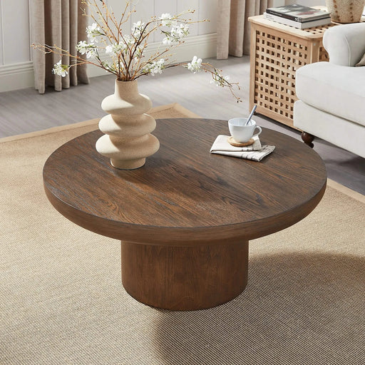 35.98inch Round Coffee Table with Cylindrical Leg,Wood Veneer Tabletop Table,Rounded Sofa Side Table for living Room Office,Brown Default -DTYStore