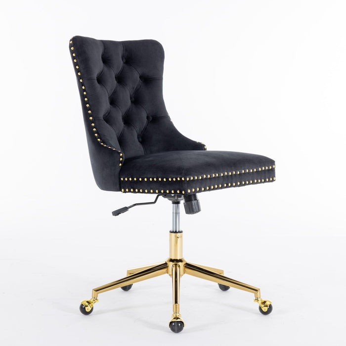 Furniture Office Chair,Velvet Upholstered Tufted Button Home Office Chair with Golden Metal Base,Adjustable Desk Chair Swivel Office Chair (Black) - DTYStore