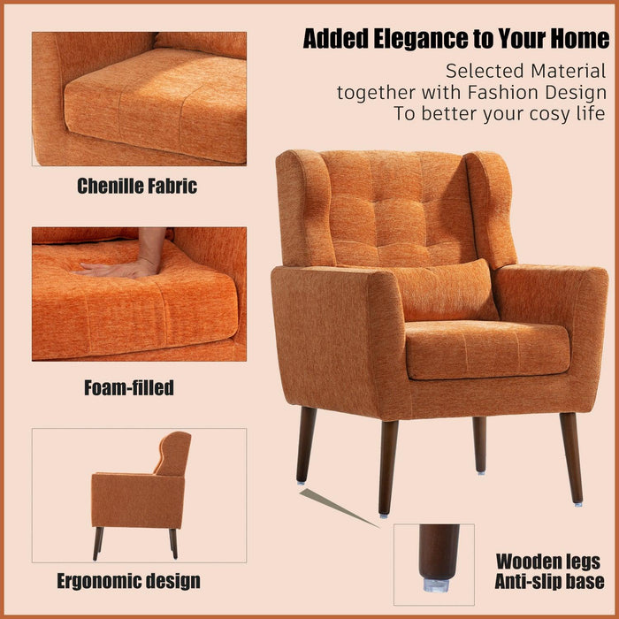 Modern Accent Chair,Chenille Arm Chairs for Living Room,Upholstered Mordern Armchair,Comfy Soft Padded Lounge Chair in Small Space, Bedroom, w/Pillow, Solid Wood Leg (Orange) - DTYStore