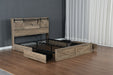 Farmhouse Bed Frame Queen Size with LED Lights and Charging Station, Wooden Queen Bed with 2 Storage Drawers, Rustic Headboard with Sliding Barn Door Storage Cabinets - DTYStore