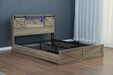 Farmhouse Bed Frame Queen Size with LED Lights and Charging Station, Wooden Queen Bed with 2 Storage Drawers, Rustic Headboard with Sliding Barn Door Storage Cabinets - DTYStore
