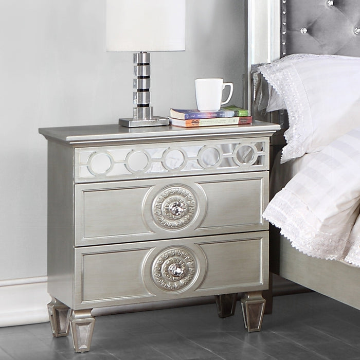 2 Drawers Nightstand with Mirror Inlay Trim in Silver Finish