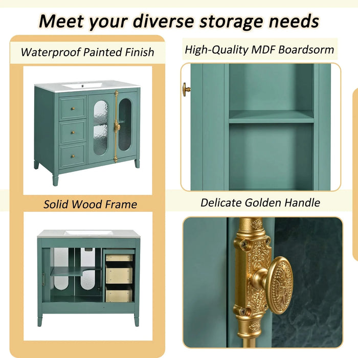 36-inch Bathroom Vanity with 2 Soft Close Doors, Solid Wood Frame Modern Bathroom Storage Cabinet with 3 Drawers Default -DTYStore