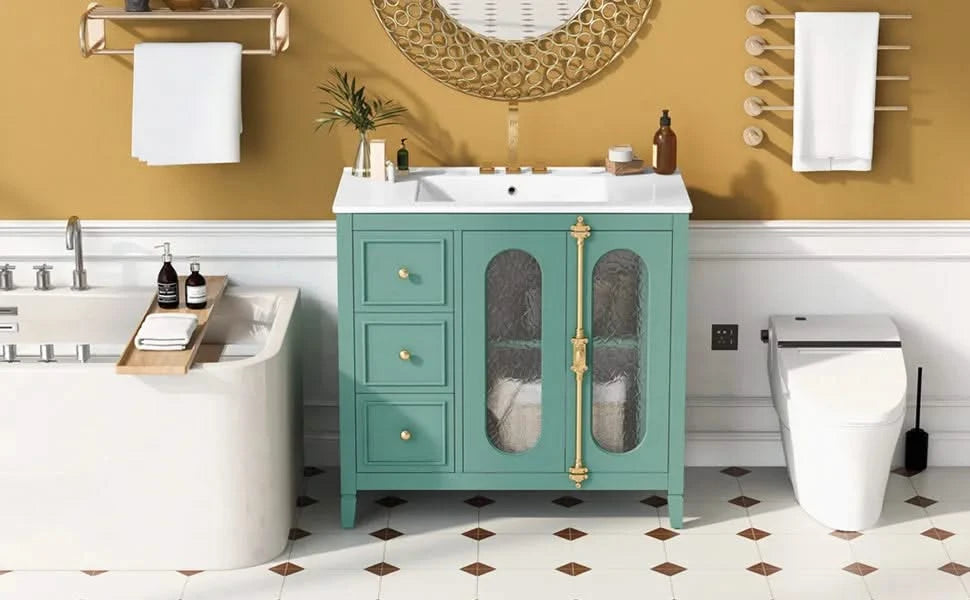 36-inch Bathroom Vanity with 2 Soft Close Doors, Solid Wood Frame Modern Bathroom Storage Cabinet with 3 Drawers Default -DTYStore