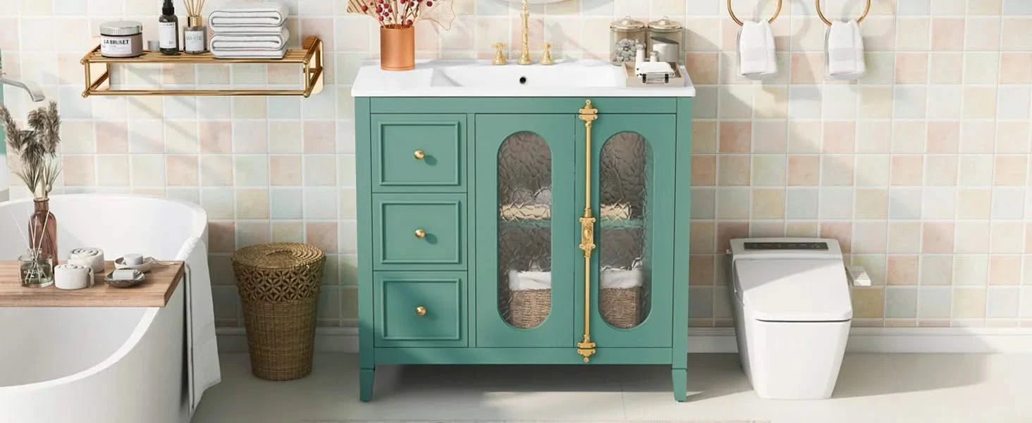 36-inch Bathroom Vanity with 2 Soft Close Doors, Solid Wood Frame Modern Bathroom Storage Cabinet with 3 Drawers Default -DTYStore