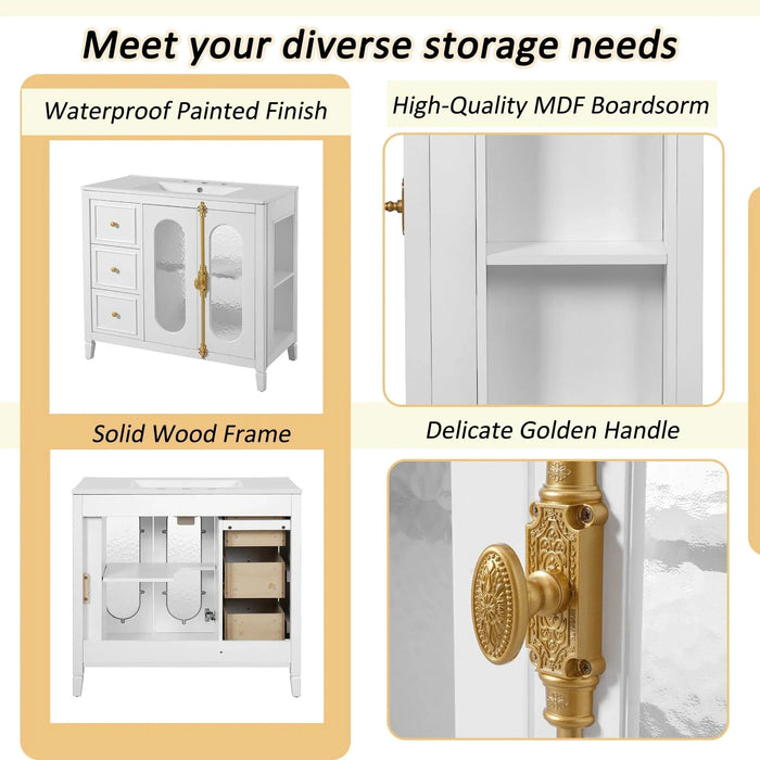 36-inch Bathroom Vanity with 2 Soft Close Doors, Solid Wood Frame Modern Bathroom Storage Cabinet with 3 Drawers Default -DTYStore