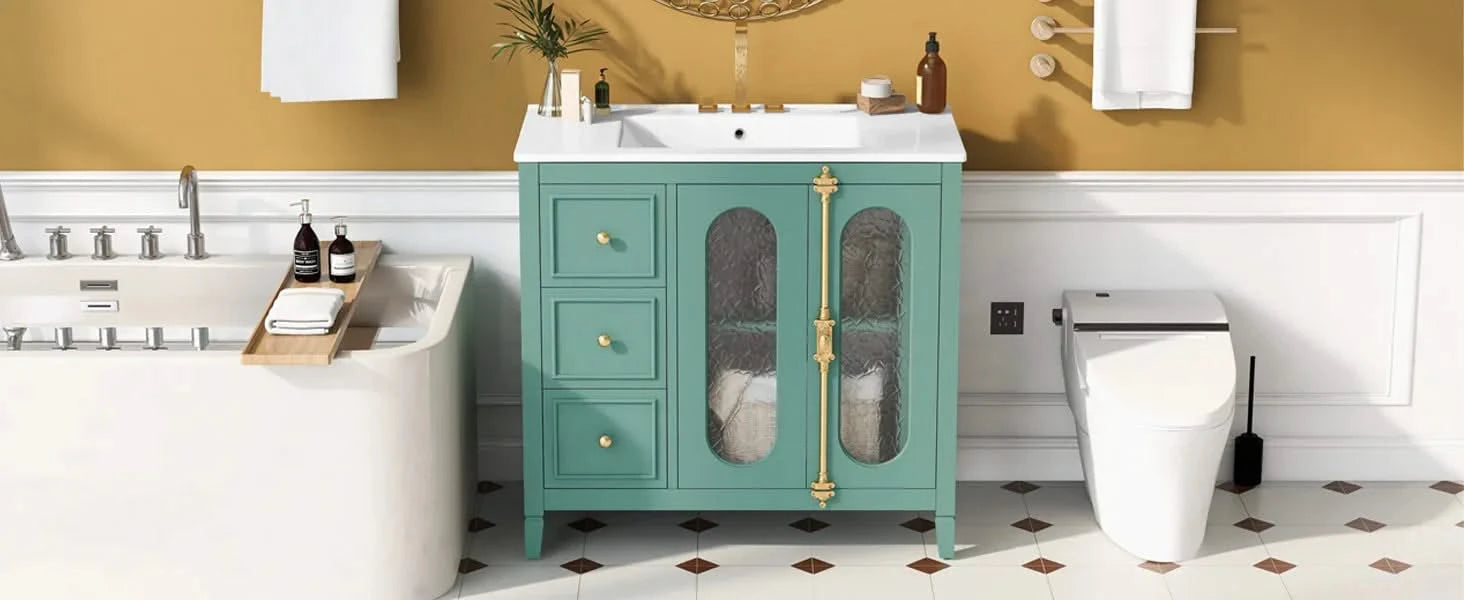 36-inch Bathroom Vanity with 2 Soft Close Doors, Solid Wood Frame Modern Bathroom Storage Cabinet with 3 Drawers Default -DTYStore