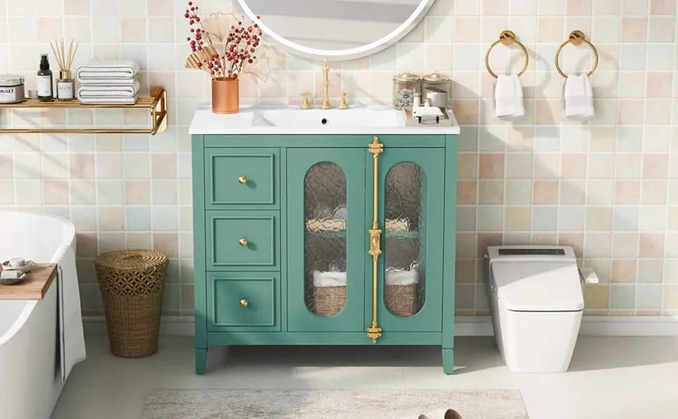 36-inch Bathroom Vanity with 2 Soft Close Doors, Solid Wood Frame Modern Bathroom Storage Cabinet with 3 Drawers Default -DTYStore