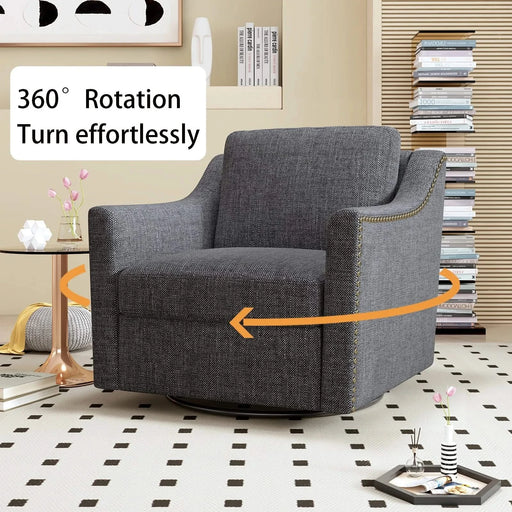 360 Degree Swivel Armchair Cotton linen skin-friendly fabric Ergonomic design Brass nail decorative armchair Living room chairs Bedroom chairs Living room chairs Black legs Suitable for indoor homes Default -DTYStore