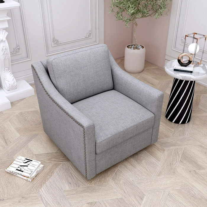360 Degree Swivel Armchair Cotton linen skin-friendly fabric Ergonomic design Brass nail decorative armchair Living room chairs Bedroom chairs Living room chairs Black legs Suitable for indoor homes Default -DTYStore
