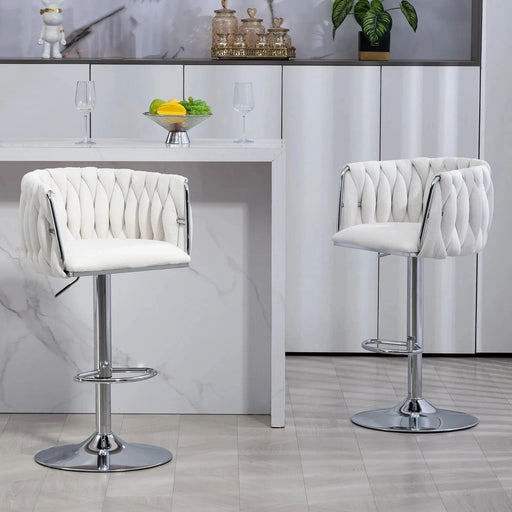360° Fabric cover Swivel Bar Stools Set of 2, Adjustable Counter Height Bar Chairs with Woven Back & Footrest,Silver chromed Bar Stools for Kitchen Island, Cafe, Pub (Beige) Default -DTYStore