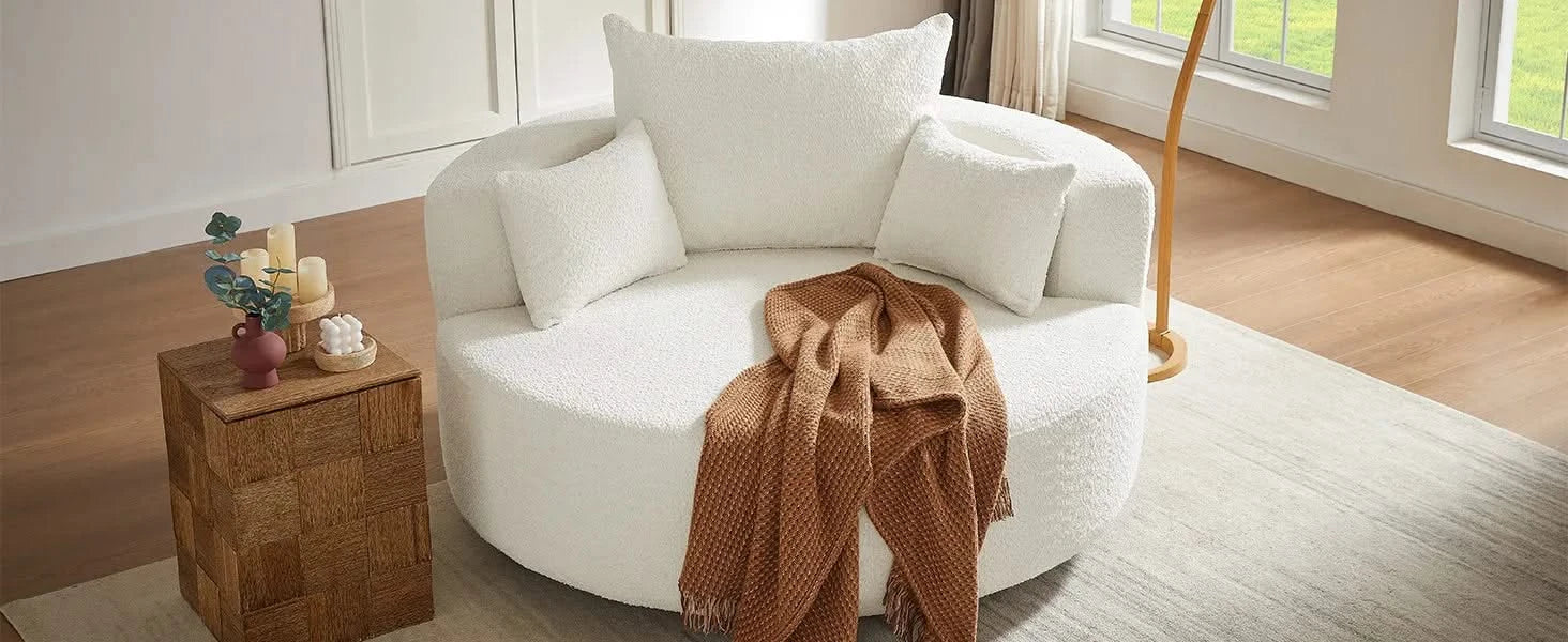 360° Swivel Chair Accent Barrel Chair with Removable Pillows, Beige Chenille Fabric, 56.3' Diameter Default -DTYStore