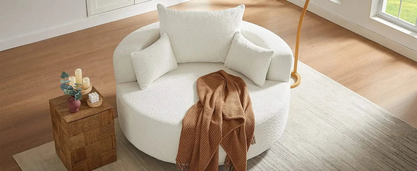 360° Swivel Chair Accent Barrel Chair with Removable Pillows, Beige Chenille Fabric, 56.3' Diameter Default -DTYStore