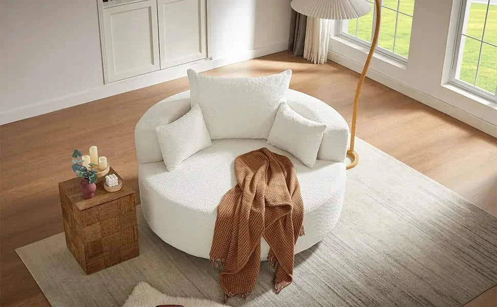 360° Swivel Chair Accent Barrel Chair with Removable Pillows, Beige Chenille Fabric, 56.3' Diameter Default -DTYStore