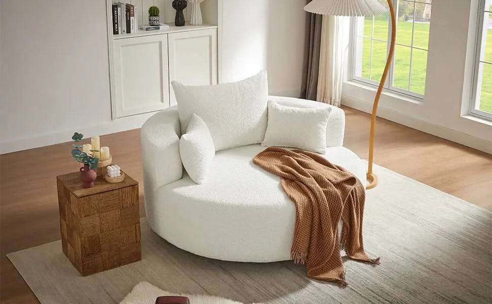 360° Swivel Chair Accent Barrel Chair with Removable Pillows, Beige Chenille Fabric, 56.3' Diameter Default -DTYStore