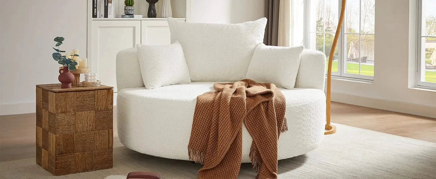 360° Swivel Chair Accent Barrel Chair with Removable Pillows, Beige Chenille Fabric, 56.3' Diameter Default -DTYStore