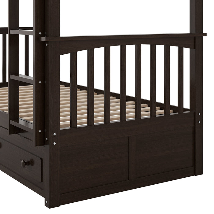Twin over Twin Bunk Bed with Drawers, Convertible Beds, Espresso
