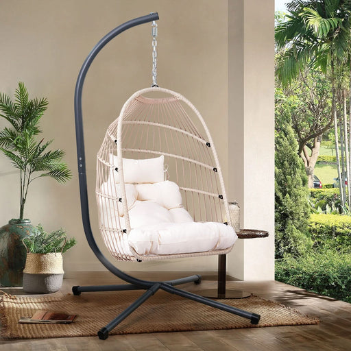 Outdoor Egg Hanging Chair with Stand, Patio Wicker Swing Egg Chair Indoor Swinging Chair Outdoor Hammock Egg Chair Off-white