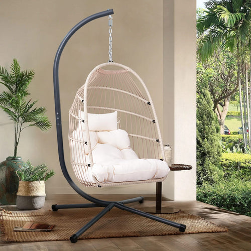 Outdoor Egg Hanging Chair with Stand, Patio Wicker Swing Egg Chair Indoor Swinging Chair Outdoor Hammock Egg Chair Off-white - Image 1
