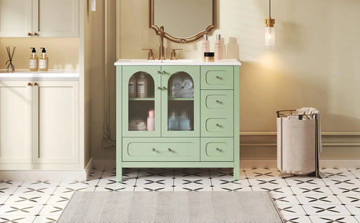 36' Bathroom Cabinet with Waffle Texture Doors, Bathroom Vanity with Four Drawers and Two Soft-Closing Doors, Bathroom Storage with Glass Doors Default -DTYStore