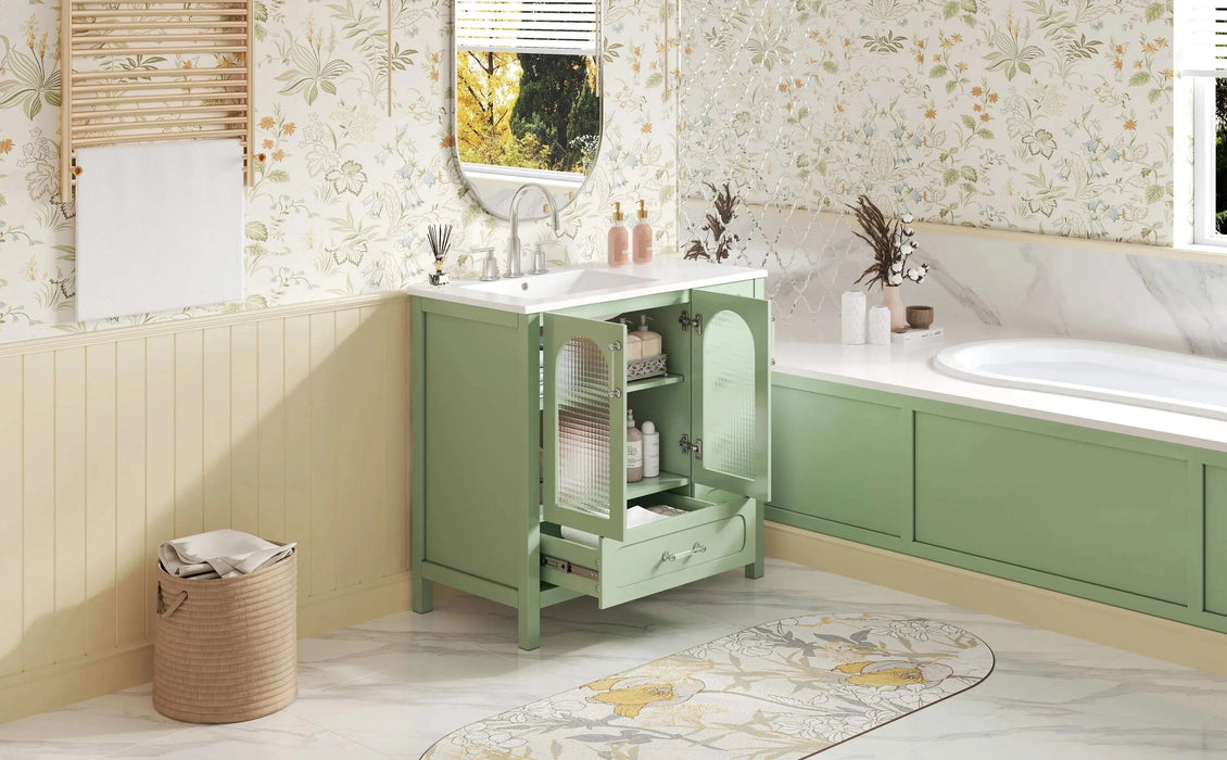 36' Bathroom Cabinet with Waffle Texture Doors, Bathroom Vanity with Four Drawers and Two Soft-Closing Doors, Bathroom Storage with Glass Doors Default -DTYStore