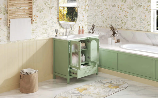 36' Bathroom Cabinet with Waffle Texture Doors, Bathroom Vanity with Four Drawers and Two Soft-Closing Doors, Bathroom Storage with Glass Doors Default -DTYStore