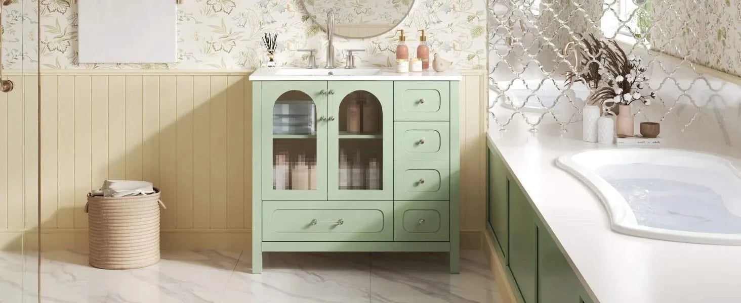 36' Bathroom Cabinet with Waffle Texture Doors, Bathroom Vanity with Four Drawers and Two Soft-Closing Doors, Bathroom Storage with Glass Doors Default -DTYStore