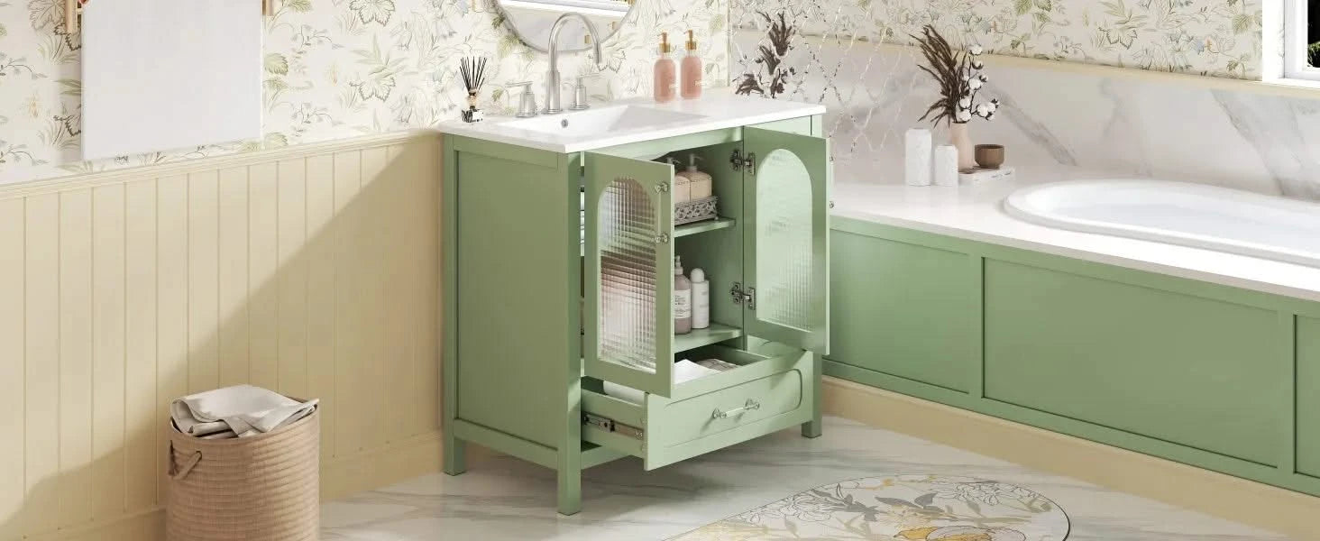 36' Bathroom Cabinet with Waffle Texture Doors, Bathroom Vanity with Four Drawers and Two Soft-Closing Doors, Bathroom Storage with Glass Doors Default -DTYStore