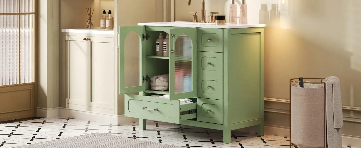 36' Bathroom Cabinet with Waffle Texture Doors, Bathroom Vanity with Four Drawers and Two Soft-Closing Doors, Bathroom Storage with Glass Doors Default -DTYStore