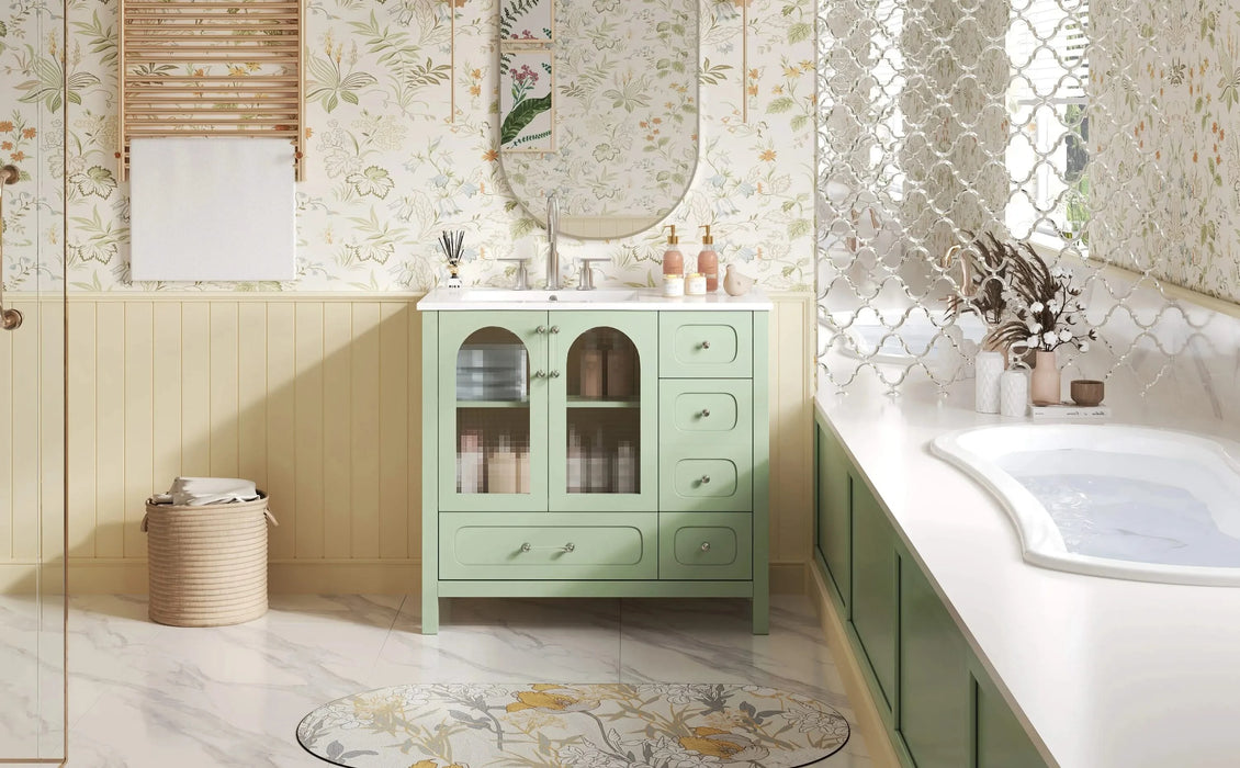 36' Bathroom Cabinet with Waffle Texture Doors, Bathroom Vanity with Four Drawers and Two Soft-Closing Doors, Bathroom Storage with Glass Doors Default -DTYStore