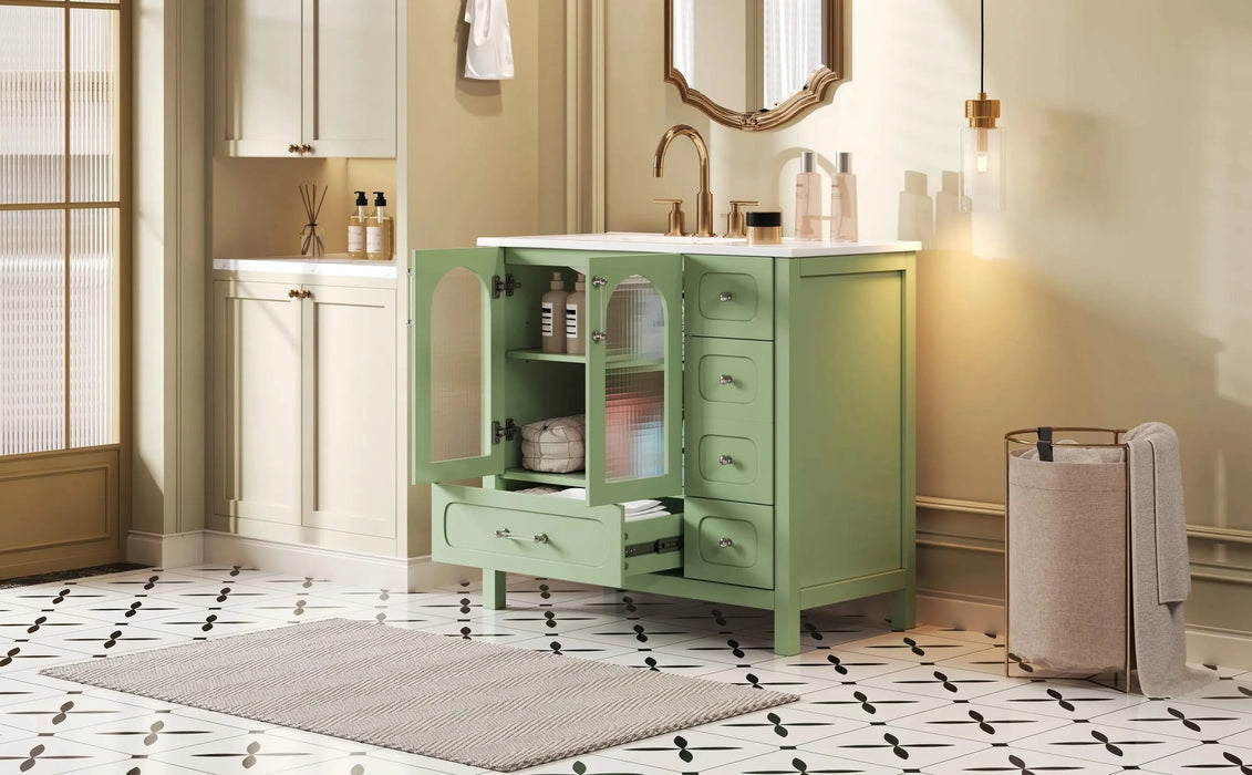 36' Bathroom Cabinet with Waffle Texture Doors, Bathroom Vanity with Four Drawers and Two Soft-Closing Doors, Bathroom Storage with Glass Doors Default -DTYStore